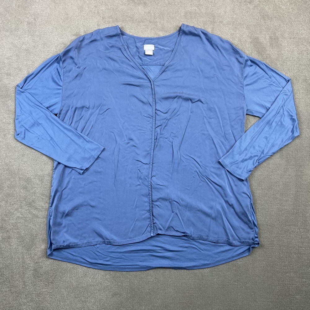 Chico's Blouse Women 3 XL 16/18 Blue Modal Long Sleeve V-Neck Relaxed Soft Solid